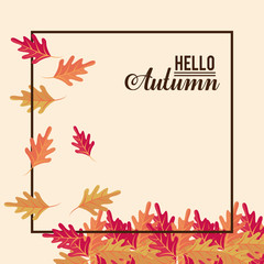 Hello autumn card with leaves cartoons