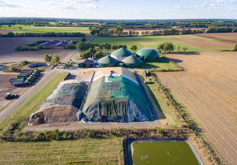 Gigantischer Maishaufen mit einer Biogasanlage - Luftbild