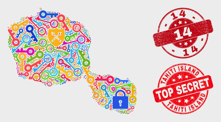 Key Tahiti Island map and seal stamps. Red rounded Top Secret and 14 scratched seal stamps. Colorful Tahiti Island map mosaic of different registration elements. Vector composition for guard purposes.