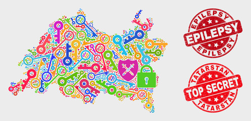 Firewall Tatarstan map and seal stamps. Red round Top Secret and Epilepsy textured seal stamps. Colorful Tatarstan map mosaic of different passkey icons. Vector collage for keeping purposes.