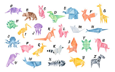 Watercolour Origami Alphabet. Letters from A to Z: armadillo, bear, cat, dinosaur, elephant, fox, giraffe, hedgehog, ibis, jellyfish, kangaroo, llama, mouse, narwhal, octopus, pig, quail, raccoon... - obrazy, fototapety, plakaty