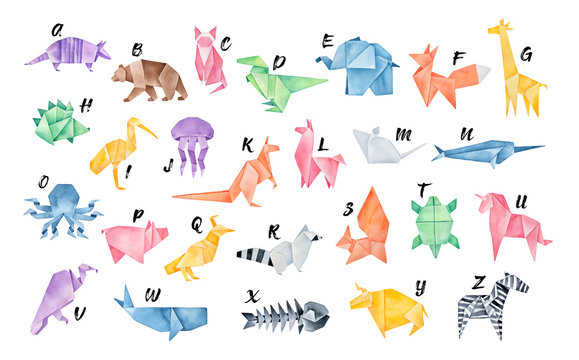 Watercolour Origami Alphabet. Letters from A to Z: armadillo, bear, cat, dinosaur, elephant, fox, giraffe, hedgehog, ibis, jellyfish, kangaroo, llama, mouse, narwhal, octopus, pig, quail, raccoon...