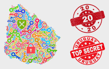 Shield Uruguay map and seal stamps. Red round Top Secret and 20 scratched seal stamps. Colored Uruguay map mosaic of different privacy symbols. Vector composition for safety purposes.