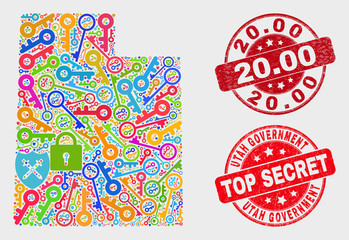 Protection Utah State map and seal stamps. Red round Top Secret and 20.00 grunge seal stamps. Bright Utah State map mosaic of different safety elements. Vector collage for safety purposes.