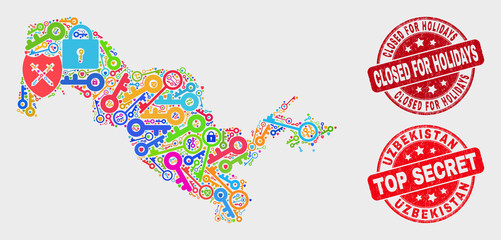 Guard Uzbekistan map and seal stamps. Red round Top Secret and Closed for Holidays scratched seal stamps. Colorful Uzbekistan map mosaic of different shield elements.