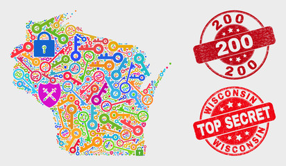 Secure Wisconsin State map and seal stamps. Red rounded Top Secret and 200 grunge stamps. Bright Wisconsin State map mosaic of different protection items. Vector composition for safety purposes.