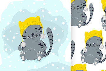 Cute kitten in winter hat playing in the snow and seamless pattern