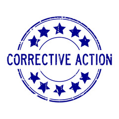 Grunge blue corrective action word with star icon round rubber seal stamp on white background