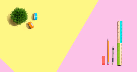 School and office stationery supplies from above