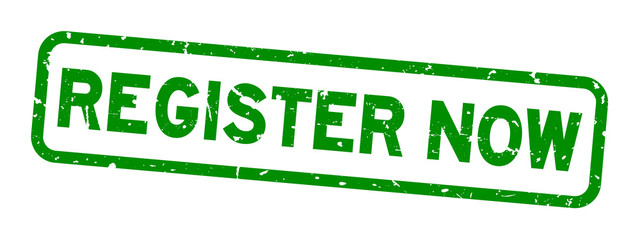 Grunge green register now word rubber seal stamp on white background