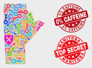 Keep Manitoba Province map and stamps. Red rounded Top Secret and 0% Caffeine scratched stamps. Bright Manitoba Province map mosaic of different secure symbols. Vector collage for guard purposes.