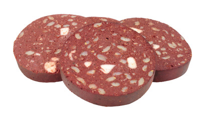 Traditional English Lancashire black pudding sausage  slices isolated on a white background