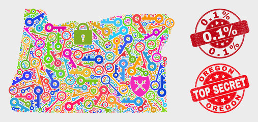 Fototapeta premium Protection Oregon State map and seal stamps. Red round Top Secret and 0.1% textured stamps. Bright Oregon State map mosaic of different safeguard icons. Vector composition for security purposes.