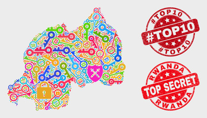 Passkey Rwanda map and seal stamps. Red round Top Secret and #Top10 grunge seal stamps. Colorful Rwanda map mosaic of different key symbols. Vector composition for security purposes.