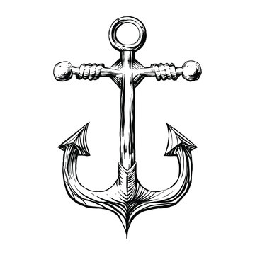 Оld rusted textured anchor drawed by hand with immitation of black ink  fountain pen in vector, t-shirt or tattoo design, anchor icon, anchor line  drawing, anchor line art, tattoo sketch vector flat