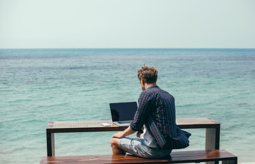 Pretty Young Handsome Man Using Laptop in cafe, outdoor portrait business man, hipster style, internet, smartphone, office, Bali Indonesia, holding, mac OS, manager, freelancer 