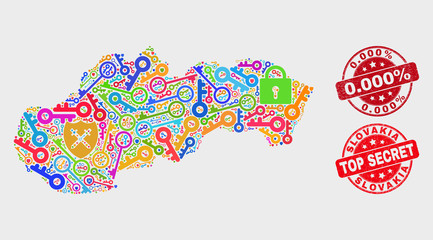 Protection Slovakia map and seal stamps. Red rounded Top Secret and 0.000% grunge seal stamps. Bright Slovakia map mosaic of different keeper symbols. Vector collage for guard purposes.