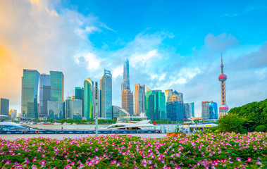 Naklejka premium The morning of Lujiazui in Shanghai, China, with the prospect of flower beds