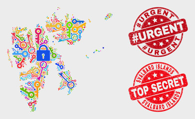 Safety Svalbard Islands map and stamps. Red rounded Top Secret and #Urgent textured stamps. Bright Svalbard Islands map mosaic of different safety symbols. Vector combination for safety purposes.