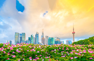 The morning of Lujiazui in Shanghai, China, with the prospect of flower beds