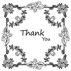 Black line art with ornament of flower frame, for calligraphic text thank you. Vector