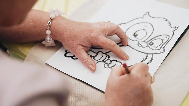 A woman draws a cool picture of an owl on a white sheet. Close-up of her hands. Culture and art.