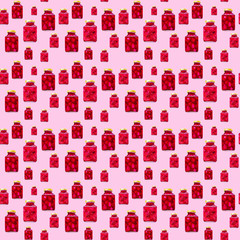 Many jars of tasty jams from different berries. Watercolor illustration isolated on red background.Seamless pattern