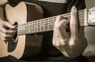 Guitar Player Hand in F Major Chord on Acoustic Guitar in Side View in Vintage Tone