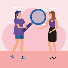 young women with magnifying glass characters