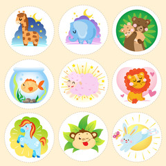 set of round templates for stickers with cute colorful animals