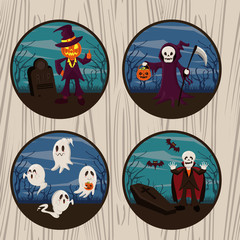 Halloween funny and scary cartoons round icons