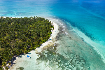 Aerial view on tropical island with palm trees and boat shipping in caribbean sea