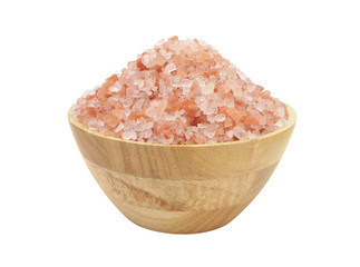 Fototapeta na wymiar Himalayan rock salt in wooden bowl isolated on white background