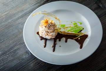 top view on baked original swan-shaped cream dessert
