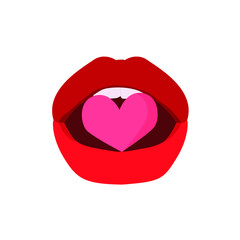 Pink heart in the mouth. Apply red lipstick on white background  illustration vector