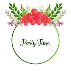 Elegant party time card, with green leafy flower frame, isolated on white background. Vector
