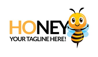 Cute bee with business brand name, vector mascot isolated