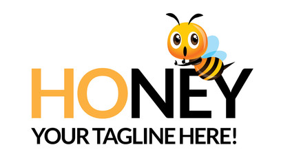 Cute bee with company product name, vector mascot isolated