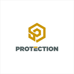 simple gold hexagon shield P letter initial logo design