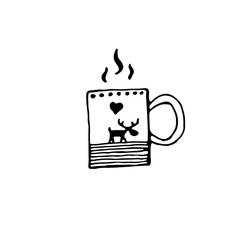 Doodle christmas cup with elk and heart. Freehand drawing icon. EPS8 vector illustration