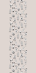 Vector grey vertical border black and white fun anthromorph cartoon characters seamless pattern background