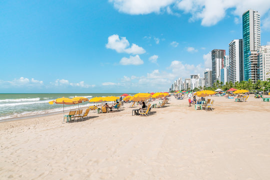 Recife, Boa Viagem Beach, Pernambuco, Brazil - June, 2019: Blue sky day at the beach