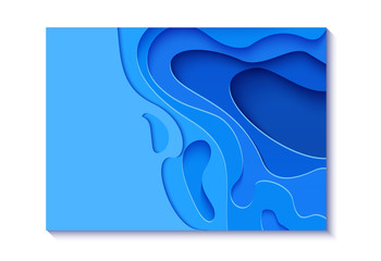 Abstract horizontal blue flyer in cut paper style. Cutout sea wave template for for save the Earth posters, World Water Day, eco brochures. Vector water applique card illustration.