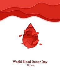 World Blood Donor Day 14 June vector background. Paper art poster with red blood drop paper on white background. Vector medicine 3d illustration. Creative donor or Hemophilia day banner.
