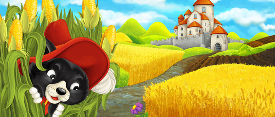 Fototapeta na wymiar Cartoon scene - cat traveling to the castle on the hill near the farm ranch - illustration for children
