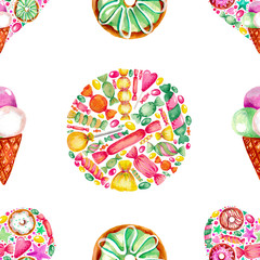 Seamless pattern watercolor hand painted sweet donuts and ice cream cone Print for fabric or scrapbook