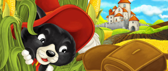 Naklejka premium Cartoon scene - cat traveling to the castle on the hill near the farm ranch - illustration for children