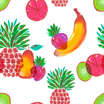 Seamless pattern. Illustration of hand painted acrylic gouache. Exotic fruit pineapple banana kiwi grapefruit strawberry pear on white background Design for digital paper Wallpaper fabric