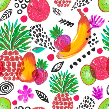 Seamless pattern Illustration hand painted acrylic gouache Exotic fruit pineapple banana kiwi grapefruit strawberry pear flowers black strokes on white background Design digital paper Wallpaper fabric