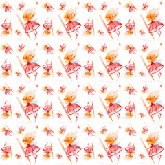 Fairy girl with red hair developing in the wind holds a huge pencil and draws. Watercolor illustration isolated on white background.Seamless pattern
